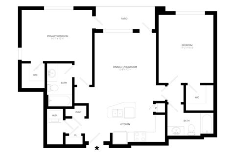 Floor plan for 2 beds, 2 baths, 1160 sqft